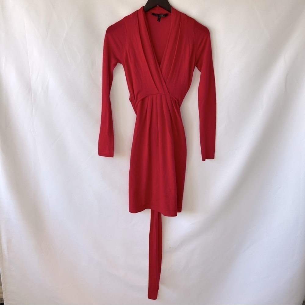 BCBGMaxAzria Women's Red Back Tie Long Sleeve V-Neck Midi Dress Size XS